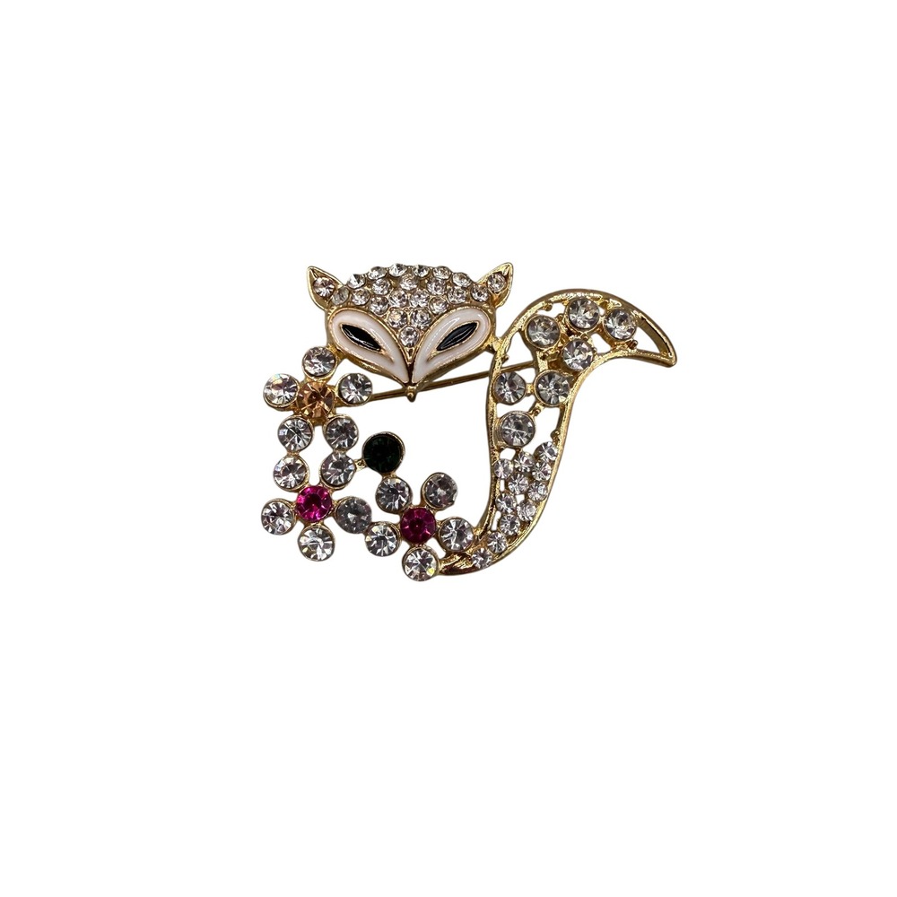 Gold Tone Rhinestone Fox Brooch Enamel Animal Pin Clear Pink Green Crystals